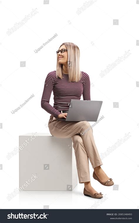 Young Woman Sitting On White Cube Stock Photo 2085348493 Shutterstock