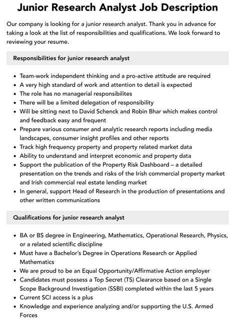 Junior Research Analyst Job Description Velvet Jobs