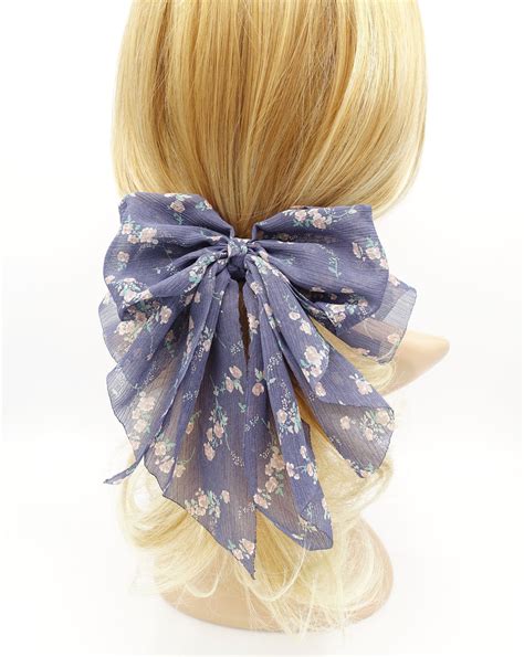 Floral Chiffon Bow Double Layered Tail Bow Hair Barrette For Women Etsy Boutique Hair Bows