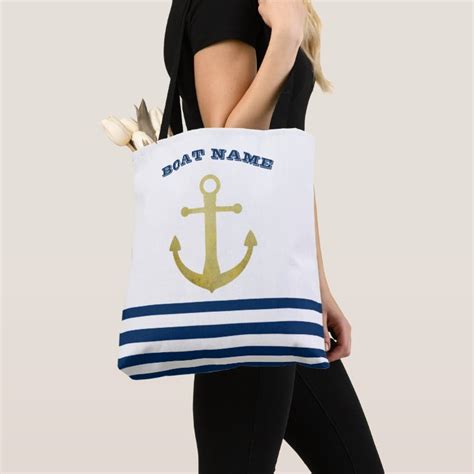 Nautical Boat Name Gold Anchor Navy Blue Stripes Tote Bag Zazzle