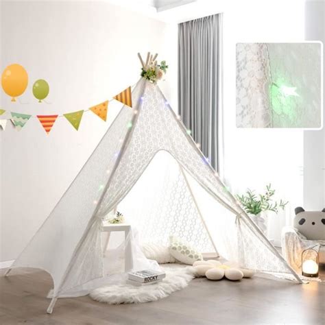 Dreamade Tente Tipi Enfants En Dentelle Avec Tapis Et Lumi Res Etoil E