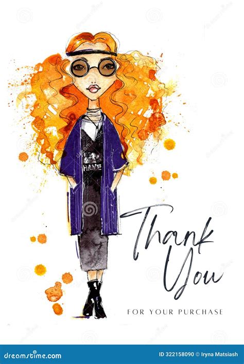 Thank You For Your Purchase Card With Watercolor Woman Fashion