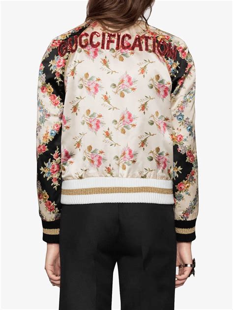 Gucci Rose Print Silk Bomber Jacket In Pink Lyst