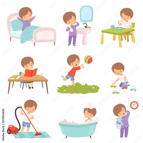 Preschool Kid Daily Routine Activities Set Cute Boy Waking Up