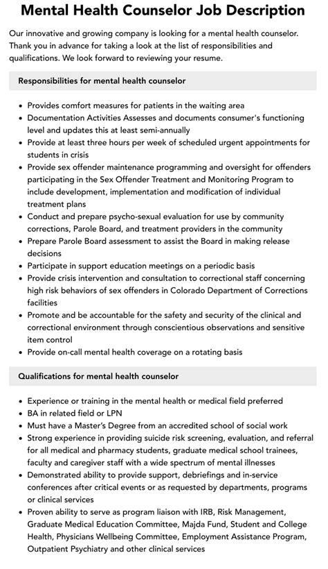 Mental Health Counselor Job Description Velvet Jobs