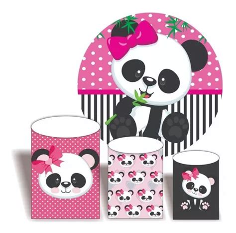 Kit Painel Panda Rosa Trio De Faixas Em Lona Para Cilindros