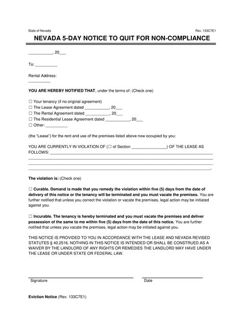 Free Nevada 5 Day Notice To Quit Non Compliance Form Pdf And Word