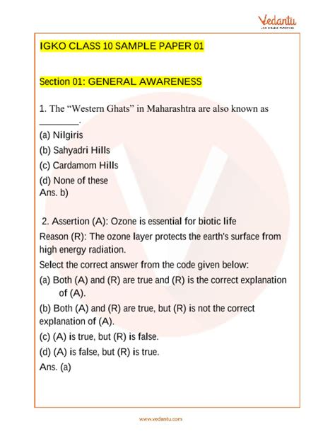 Igko Olympiad Sample Paper 1 For Class 10 With Solutions