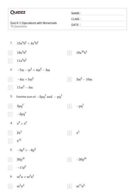 50 Monomials Operations Worksheets On Quizizz Free And Printable