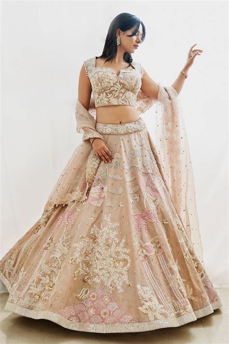 Buy Beige Organza Hand Embroidered Thread Notched Bridal Lehenga Set