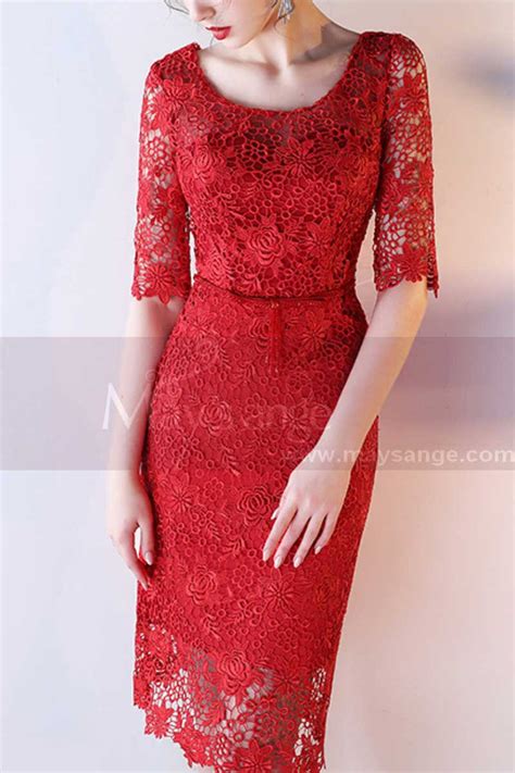 Robe Droite Classe Rouge Courte En Dentelle Avec Manches Longues Ref