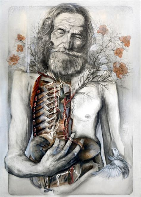 A Drawing Of A Man Holding A Skeleton And Tree Branches In His Hands