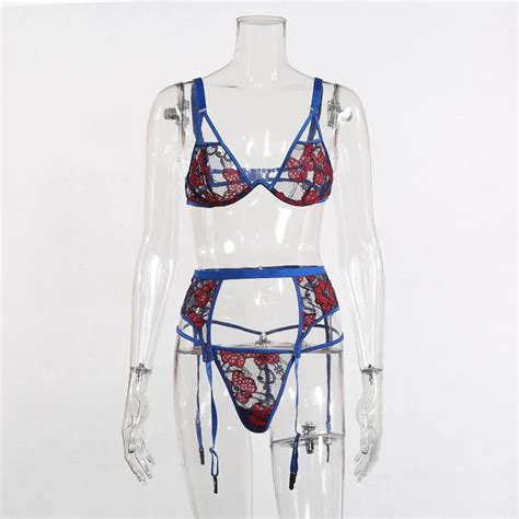 Deep Love Vintage Blue Transparent Fashion Embroidery Floral Woman Lingerie Hollow Out Backless