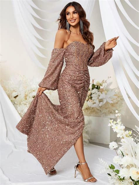 Off Shoulder Lantern Sleeve Split Thigh Sequin Formal Dress Shein Uk