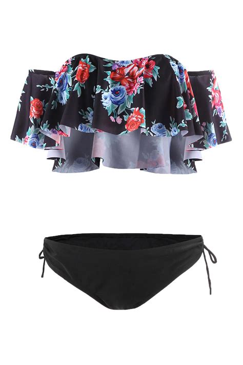 Iyasson Flower Printing Falbala Bikini Top With Black Ties At Bottom S