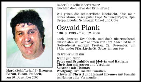 Todesanzeigen Von Oswald Plank Todesanzeigen Vorarlberger Nachrichten