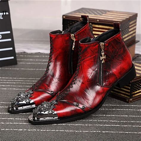 Leather Men Ankle Boots Metal Pointed Toe Mens Dress Shoes Rivet High