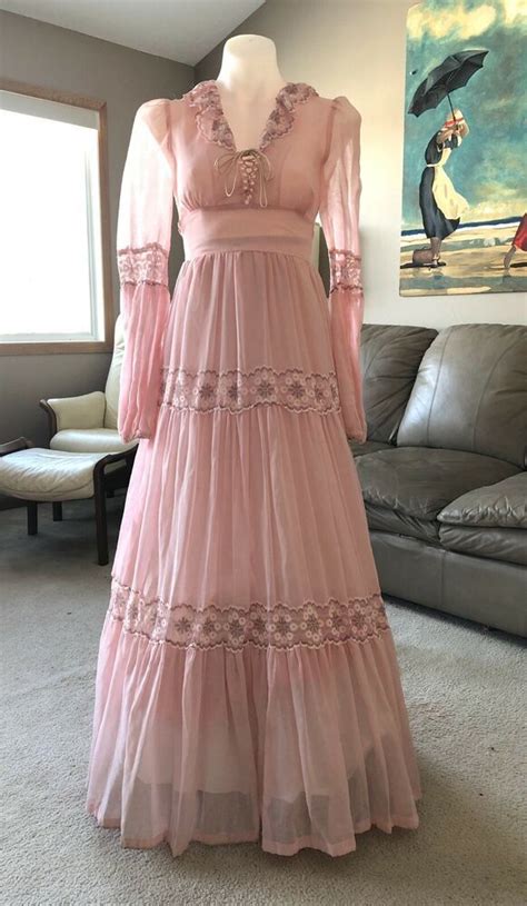 Vintage Gunne Sax Womens Full Length Pink Prairie Renaissance Dress