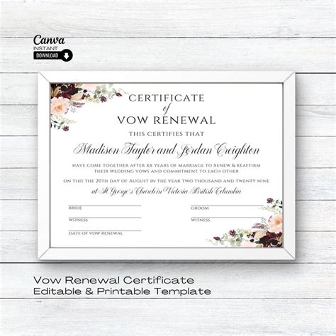 Editable Vow Renewal Certificate Printable Wedding Certificate