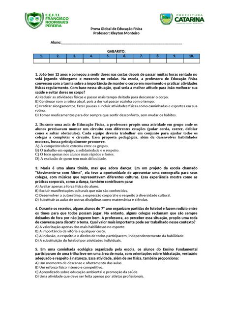 Texto De Educação Fisica Com Perguntas E Respostas - Prova de Educação Física: Questões e Respostas | PDF | Futebol ...