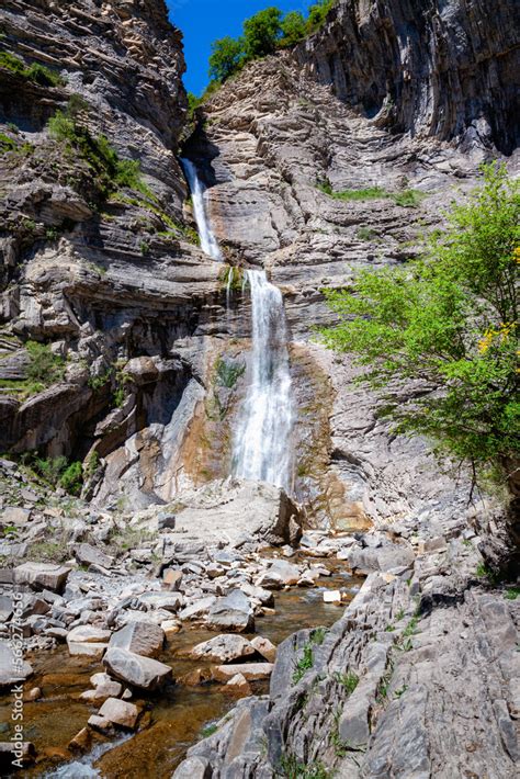 cascada de sorrosal is an impressive waterfall near broto village in the huesca province in the ...