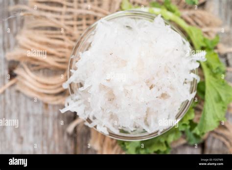 Portion Of Grated Horseradish On Wooden Background Stock Photo Alamy