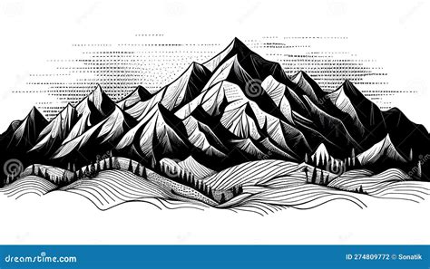 Abstract Mountain Line Art Landscape By Generative Ai Stock