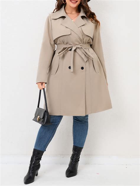 Shein Frenchy Plus Lapel Neck Double Breasted Belted Trench Coat Shein Uk