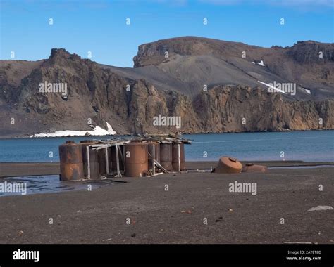 Ruined remains of a historical whaling station destroyed by a volcano eruption, Deception Island ...