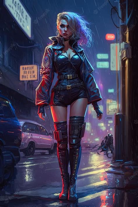 Premium Ai Image Sexy Beautiful Girl Cop Of Future On Street In Cyberpunk Style Generative Ai