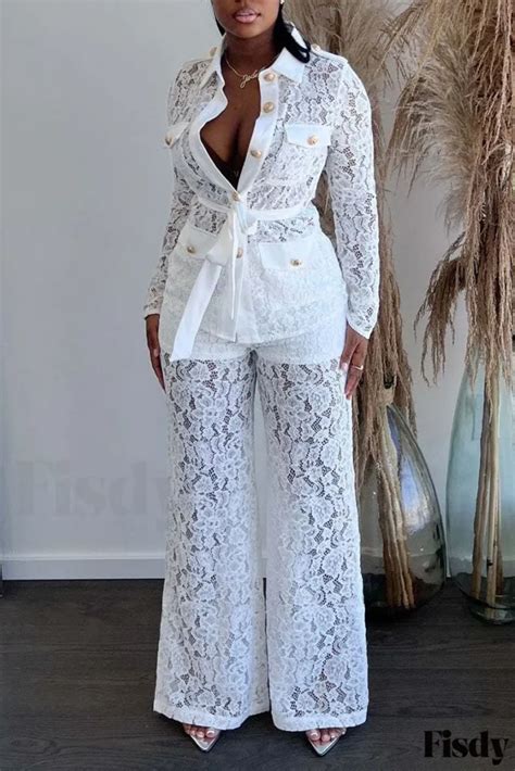 Fisdy Elegant Two Piece Set Sophisticated White Patchwork With Sexy