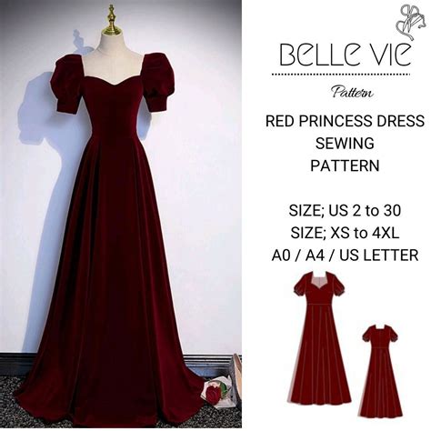 Red Princess Dress Sewing Pattern Maxi Dress A0 A4 Letter Sizes Us 2