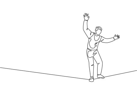 Continuous One Line Drawing A Male Acrobat Walking On A Rope While