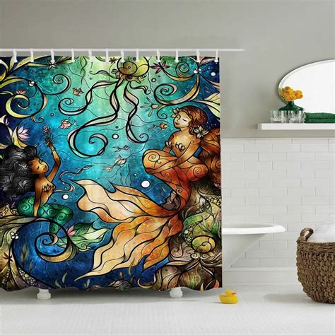 Mermaid At The Meeting Shower Curtain Polyester Waterproof Shower