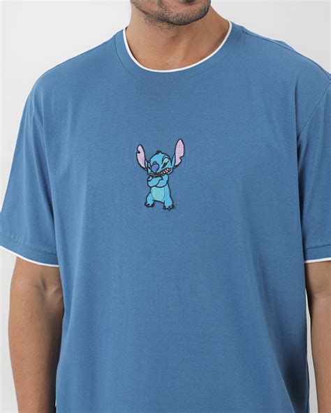 Camiseta Masculina Regular Bordado Stitch Azul Disney Fanlab Oficial