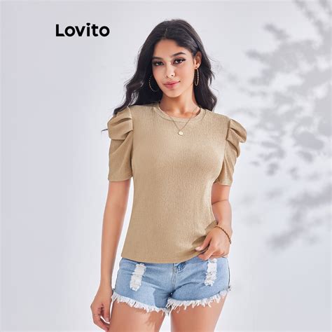 Lovito Camiseta Feminina Casual Lisa Jacquard Manga Bufante Z Per