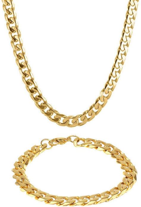 Mens Stainless Steel & Gold-Tone IP 10mm Curb Chain & Bracelet Boxed ...