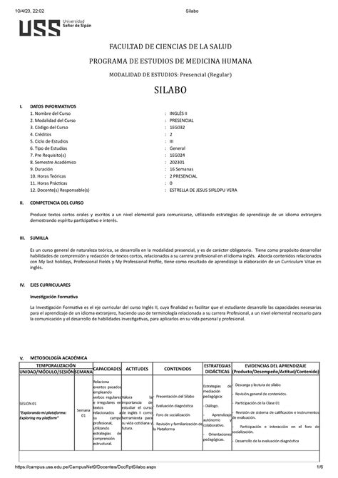 Sílabo Ingles II Medicina F FACULTAD DE CIENCIAS DE LA SALUD