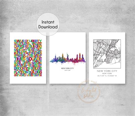 Set of 3 New York City Skyline Map Prints - Wall Art Printable Prints