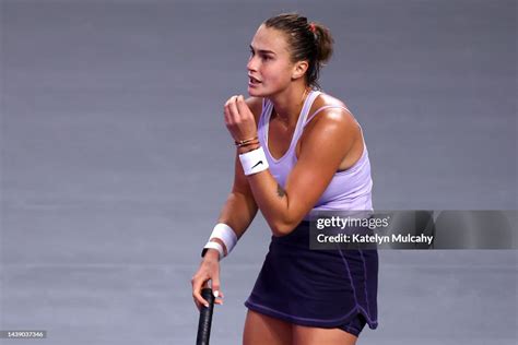 Aryna Sabalenka of Belarus reacts ag during the 2022 WTA Finals, part ...