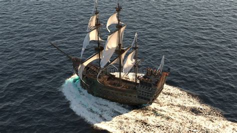 Medieval Ship Sails Past The Tropical Island The Concept Of Sea