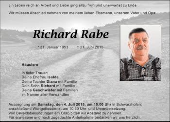 Traueranzeigen Von Richard Rabe Mittelbayerische Trauer