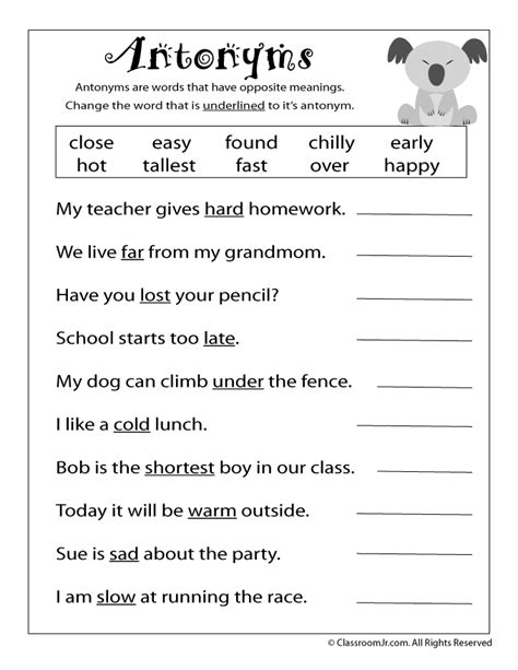 Grade 6 Antonyms Worksheets