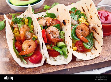 Tortilla Shrimps Tacos Mexican Food Top View Stock Photo Alamy