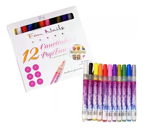 Kit 12 Canetas Fan Nails Coloridas Pintura Unhas Decoração Frete Grátis