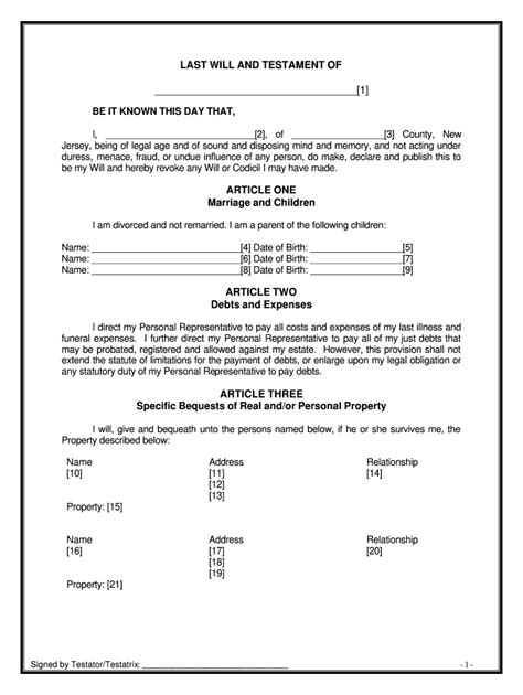 New Jersey Will Form 2020 Fill And Sign Printable Template Online Us Legal Forms