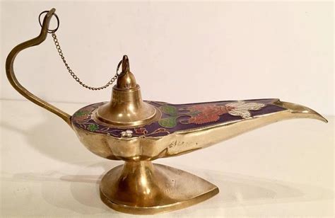 Mid Century Brass And Cloisonne Genie Oil Lamp Incense Burner Oil