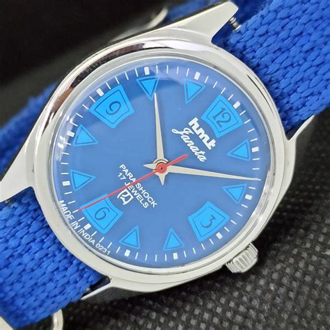 Genuine Vintage Hmt Janata Winding Indian Mens Blue Dial Watch H