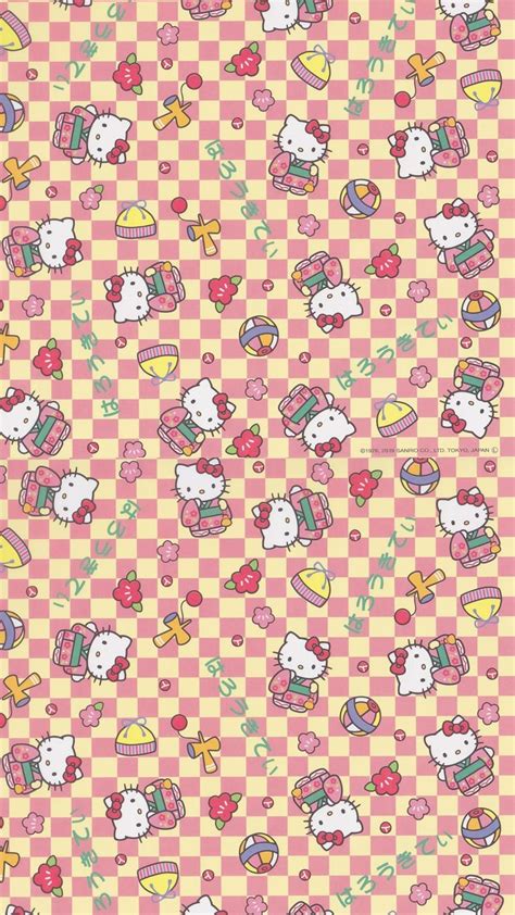 An Image Of Hello Kitty Wallpaper In Pink And Yellow Checkerboard Pattern