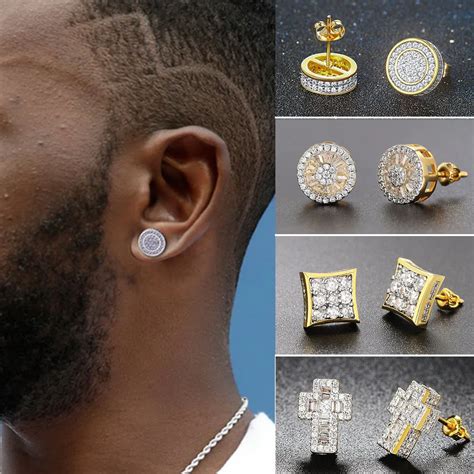 Rock Hip Hop Iced Out Stud Earring For Men Male Ice Studded Zircon Gold